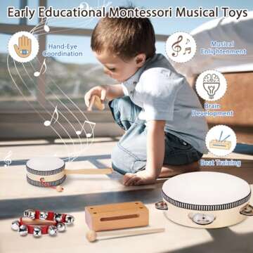 LOOIKOOS Baby Musical Instruments Montessori Toys for Toddlers 1-3,Natural Wooden Percussion Instrum...