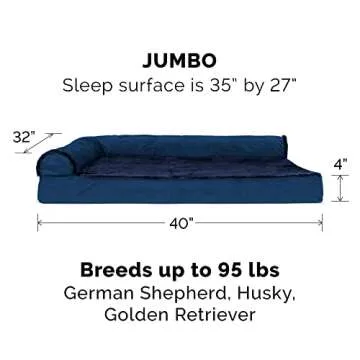 Furhaven Orthopedic Dog Bed for Large Dogs w/ Removable Bolsters & Washable Cover, For Dogs Up to 95 lbs - Plush & Velvet L Shaped Chaise - Deep Sapphire, Jumbo/XL