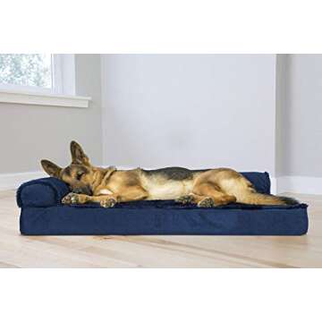 Furhaven Orthopedic Dog Bed for Large Dogs w/ Removable Bolsters & Washable Cover, For Dogs Up to 95 lbs - Plush & Velvet L Shaped Chaise - Deep Sapphire, Jumbo/XL