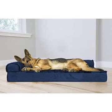 Furhaven Orthopedic Dog Bed for Large Dogs w/ Removable Bolsters & Washable Cover, For Dogs Up to 95 lbs - Plush & Velvet L Shaped Chaise - Deep Sapphire, Jumbo/XL