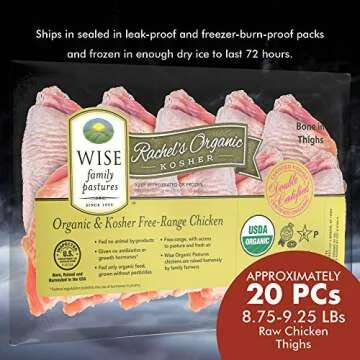 Wise Organic Double Certified Organic Bone-in Skin-on Chicken Thighs, Glatt Kosher, Non GMO, Free Range (8.75-9.25 Pounds, 20 Pcs Approx.)