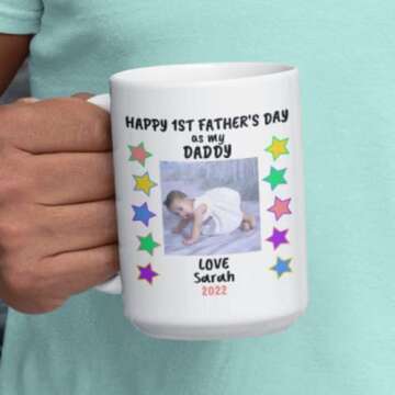 MugzyMugz Custom First Time Daddy Mug, Happy First Father's Day Coffee Cup 1st Time New Dad Gifts Personalized Fathers Day Idea New Baby Keepsake Ceramic Tea Cup (15oz)