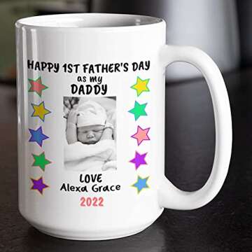 MugzyMugz Custom First Time Daddy Mug, Happy First Father's Day Coffee Cup 1st Time New Dad Gifts Personalized Fathers Day Idea New Baby Keepsake Ceramic Tea Cup (15oz)