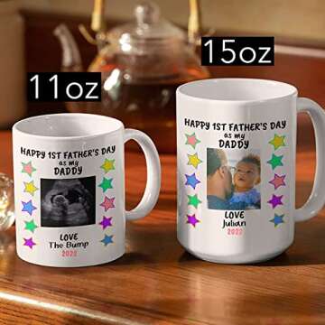 MugzyMugz Custom First Time Daddy Mug, Happy First Father's Day Coffee Cup 1st Time New Dad Gifts Personalized Fathers Day Idea New Baby Keepsake Ceramic Tea Cup (15oz)