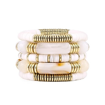 White Bamboo Tube Bangles Bracelet Chunky Curved Stacking Clear Acrylic Colorful Beads Stretchable F...