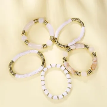 White Bamboo Tube Bangles Bracelet Chunky Curved Stacking Clear Acrylic Colorful Beads Stretchable Friendship Gold Bracelets Gifts For Bestfriends, Couple
