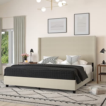 Merrick Lane Bramlett Modern Platform Bed - Beige Faux Linen - King - Padded Wingback Headboard - 3"...