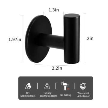 Self Adhesive Towel Hook Matte Black Coat Hook Brushed Nickel SUS304 Stainless Steel Heavy Duty Wate...
