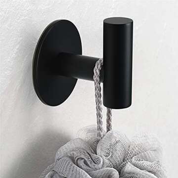 Self Adhesive Towel Hook Matte Black Coat Hook Brushed Nickel SUS304 Stainless Steel Heavy Duty Waterproof Towel Robe Clothes Hook Holder for Bathroom Kitchen Office Hotel Pool Wall Mounted Hook-2Pack