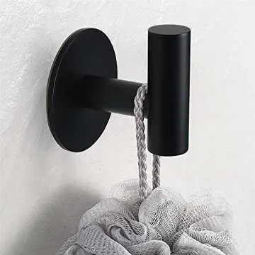 Self Adhesive Towel Hook Matte Black Coat Hook Brushed Nickel SUS304 Stainless Steel Heavy Duty Waterproof Towel Robe Clothes Hook Holder for Bathroom Kitchen Office Hotel Pool Wall Mounted Hook-2Pack