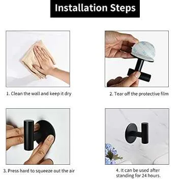 Self Adhesive Towel Hook Matte Black Coat Hook Brushed Nickel SUS304 Stainless Steel Heavy Duty Waterproof Towel Robe Clothes Hook Holder for Bathroom Kitchen Office Hotel Pool Wall Mounted Hook-2Pack