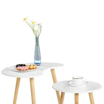 SONGMICS 17.8 in ~ 21.6 in Height, Round Nesting End Side Coffee Table, “Daffodil Series”, Solid Pine Legs, Mid-Century Modern Style Kid's Room, Nature White ULET06WN