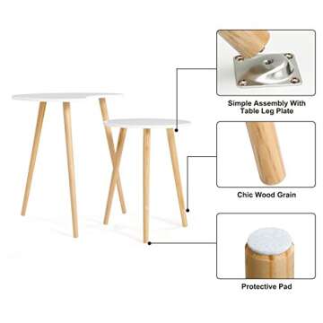 SONGMICS 17.8 in ~ 21.6 in Height, Round Nesting End Side Coffee Table, “Daffodil Series”, Solid Pine Legs, Mid-Century Modern Style Kid's Room, Nature White ULET06WN