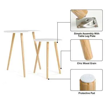 SONGMICS 17.8 in ~ 21.6 in Height, Round Nesting End Side Coffee Table, “Daffodil Series”, Solid Pine Legs, Mid-Century Modern Style Kid's Room, Nature White ULET06WN