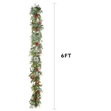 DearHouse 6ft Pine Garland Christmas, Artificial Greenery Garland Christmas Cypress Garland with Red Berries and Eucalyptus Leaves for Holiday Season Mantel Fireplace Table Runner Centerpiece Decor