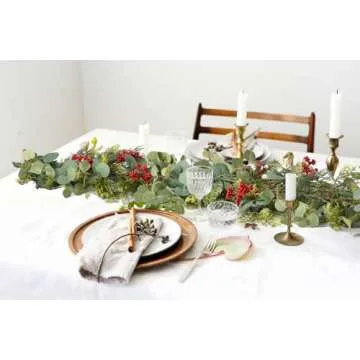 DearHouse 6ft Pine Garland Christmas, Artificial Greenery Garland Christmas Cypress Garland with Red Berries and Eucalyptus Leaves for Holiday Season Mantel Fireplace Table Runner Centerpiece Decor