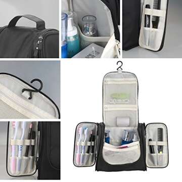 ProCase Toiletry Bag with Hanging Hook, Organizer for Travel Accessories, Makeup, Shampoo, Cosmetic, Personal Items, Bathroom Storage with Hanging, Large, Black