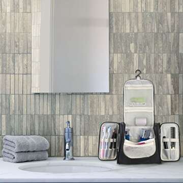 ProCase Toiletry Bag with Hanging Hook, Organizer for Travel Accessories, Makeup, Shampoo, Cosmetic, Personal Items, Bathroom Storage with Hanging, Large, Black