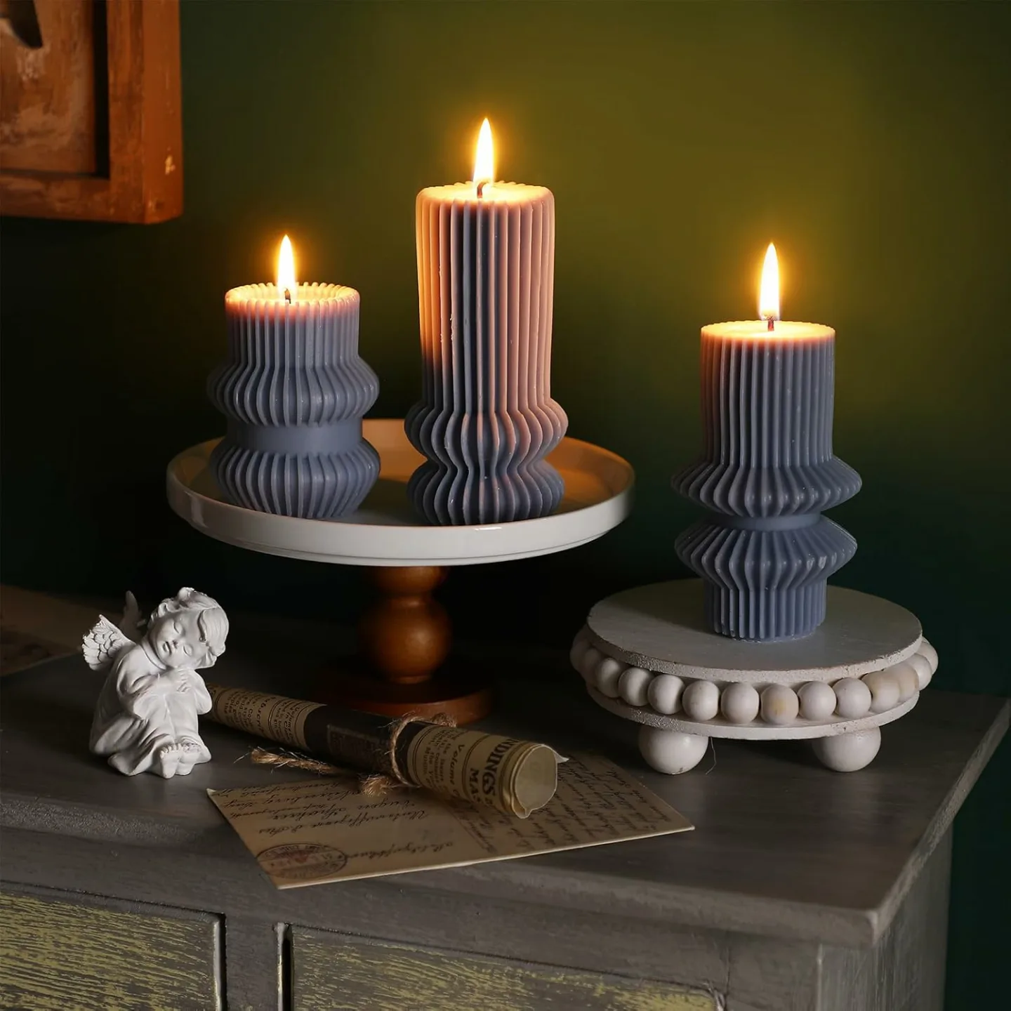 Scented Ribbed Pillar Candles Set - Modern Design