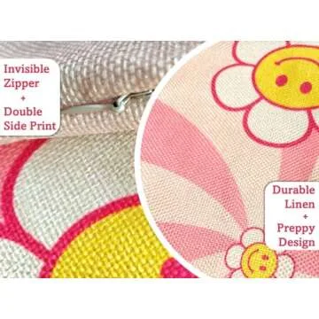 MINI ZOZI Preppy Pillows Covers 18x18 Linen Pink Decorative Throw Pillow Cases Case Girls Aesthetic Room Decor Teen Girls Cute Smiley Face Girl Bedroom for Bed Bedding Stuff Retro Graphic Things