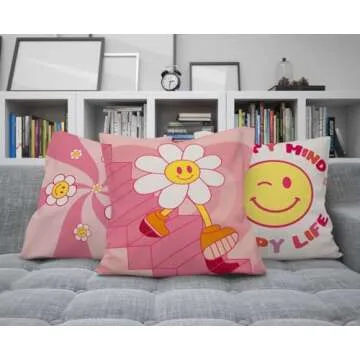 MINI ZOZI Preppy Pillows Covers 18x18 Linen Pink Decorative Throw Pillow Cases Case Girls Aesthetic Room Decor Teen Girls Cute Smiley Face Girl Bedroom for Bed Bedding Stuff Retro Graphic Things
