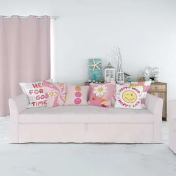 MINI ZOZI Preppy Pillows Covers 18x18 Linen Pink Decorative Throw Pillow Cases Case Girls Aesthetic Room Decor Teen Girls Cute Smiley Face Girl Bedroom for Bed Bedding Stuff Retro Graphic Things