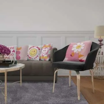 MINI ZOZI Preppy Pillows Covers 18x18 Linen Pink Decorative Throw Pillow Cases Case Girls Aesthetic Room Decor Teen Girls Cute Smiley Face Girl Bedroom for Bed Bedding Stuff Retro Graphic Things