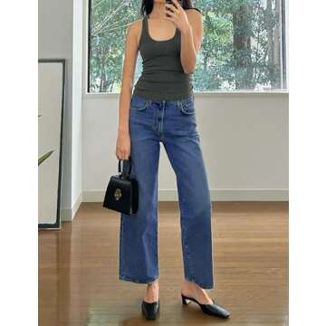 PHISOCKAT Wide Leg Jeans Woman High Waisted Jeans for Women Straight Leg Baggy Denim Cropped Jeans for Women Y2K