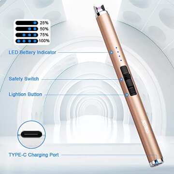 JETPRO USB Rechargeable Candle Lighter Electronic Arc Lighter Windproof Flameless with Safety Button for Camping Cooking BBQ (Gold)