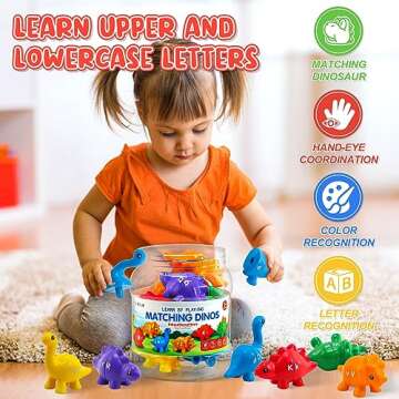 Montessori Learning Toys for Toddlers 1-3, Matching Letters Fine Motor Toy, Double-Sided 26 PCS ABC Dinosaur Alphabet Games for Kids Ages 3-5, Alphabet Learning Dinosaur Set for Kindergarten