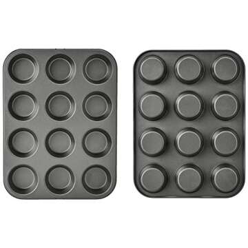 Amazon Basics Nonstick Round Muffin Baking Pan, 12 Cups, Set of 2, Gray, 13.9x10.55x1.22"