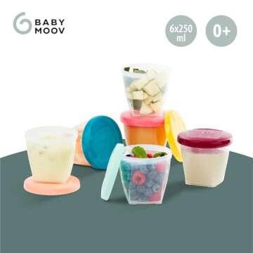 Babymoov Baby Food Jars, Set of 6 (8oz Each) Storage Containers, BPA-Free Leakproof Silicone Lids, Microwave, Freezer & Dishwasher Safe, Perfect Meals & Snacks, Baby Registry Essential