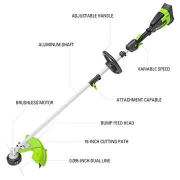 Greenworks 40V 16" Brushless Cordless String Trimmer (Attachment Capable - Gen 2), 4.0Ah Battery and...