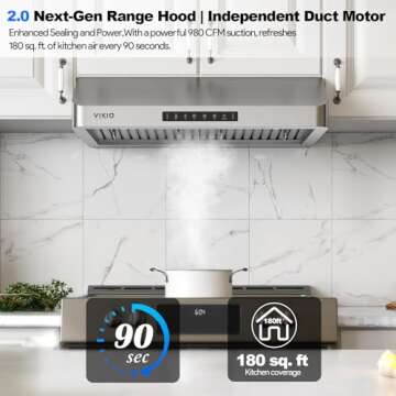 VIKIO HOME Range Hood 30 Inch Under Cabinet, Kitchen Hood with 980 CFM, 3-Speed Gesture Sensing & To...