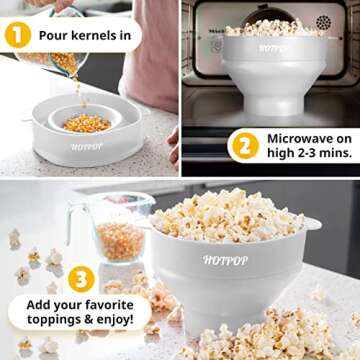 The Original HotPop Silicone Popcorn Maker - Microwave Popcorn Popper - Collapsible Bowl, Heat-Resistant, Easy to Clean, Ideal for Family Movie Nights, 15-Cup Capacity - White