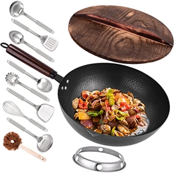 Leidawn 12.8" Carbon Steel Wok Set - 11-Piece Cooking Essential