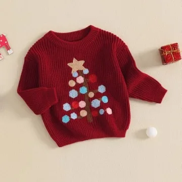 Toddler Christmas Tree Embroidery Knit Sweater Tops