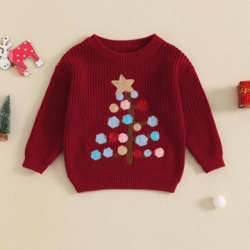 Toddler Christmas Tree Embroidery Knit Sweater Tops