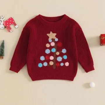 Toddler Christmas Tree Embroidery Knit Sweater Tops