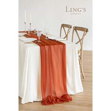 Ling's Moment 14Ft Terracotta Sheer Chiffon Like Table Runner with Silver Sparkle Rust Tablecloth fo...
