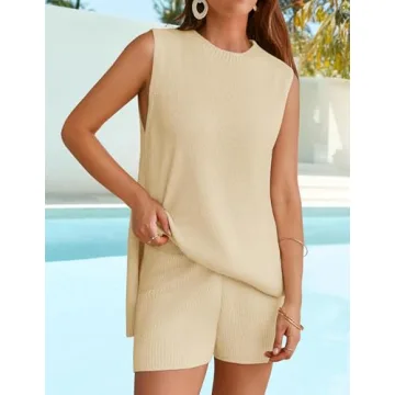 ZESICA Women's Summer Two Piece Sweater Lounge Sets Casual Knit Trendy Tunic and Shorts Outfits Apricot S