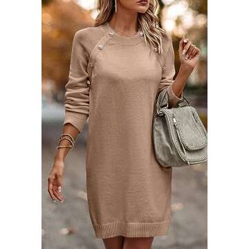 PRETTYGARDEN Women's 2024 Fall Sweater Dress Crewneck Long Sleeve Oversized Pullover Sweaters Casual Knit Short Dresses (Khaki,Large)