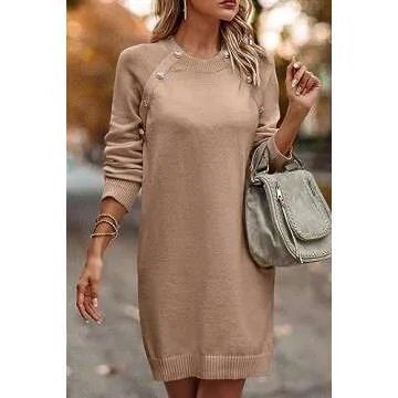 PRETTYGARDEN Women's 2024 Fall Sweater Dress Crewneck Long Sleeve Oversized Pullover Sweaters Casual Knit Short Dresses (Khaki,Large)