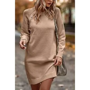 PRETTYGARDEN Women's 2024 Fall Sweater Dress Crewneck Long Sleeve Oversized Pullover Sweaters Casual Knit Short Dresses (Khaki,Large)