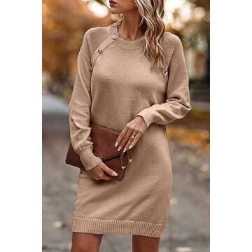 PRETTYGARDEN Women's 2024 Fall Sweater Dress Crewneck Long Sleeve Oversized Pullover Sweaters Casual Knit Short Dresses (Khaki,Large)