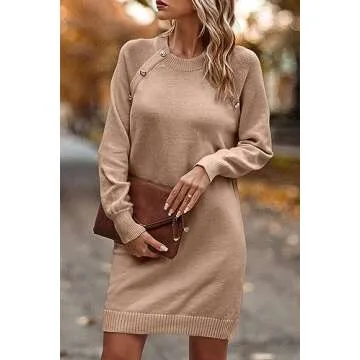 PRETTYGARDEN Women's 2024 Fall Sweater Dress Crewneck Long Sleeve Oversized Pullover Sweaters Casual Knit Short Dresses (Khaki,Large)