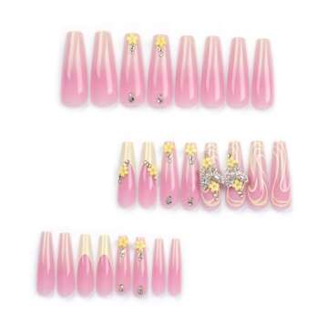 Vezocim Press on Nails Long Coffin French Tips - 24 Pcs Glossy Acrylic with Flower Butterfly Designs