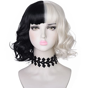 AMZCOS Black and Light Blonde Wig with Necklace Choker for Women Girls Cosplay Costume Short Wavy Bo...