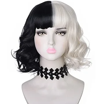 AMZCOS Black and Light Blonde Wig with Necklace Choker for Women Girls Cosplay Costume Short Wavy Bo...
