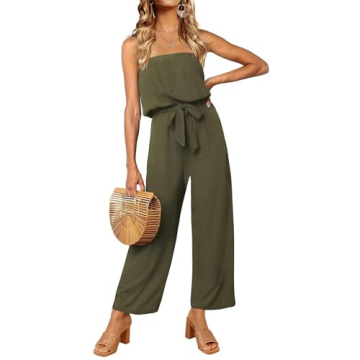 ZESICA Women's Casual Off Shoulder Solid Color Strapless Belted Wide Leg Jumpsuit Romper in Army Gre...